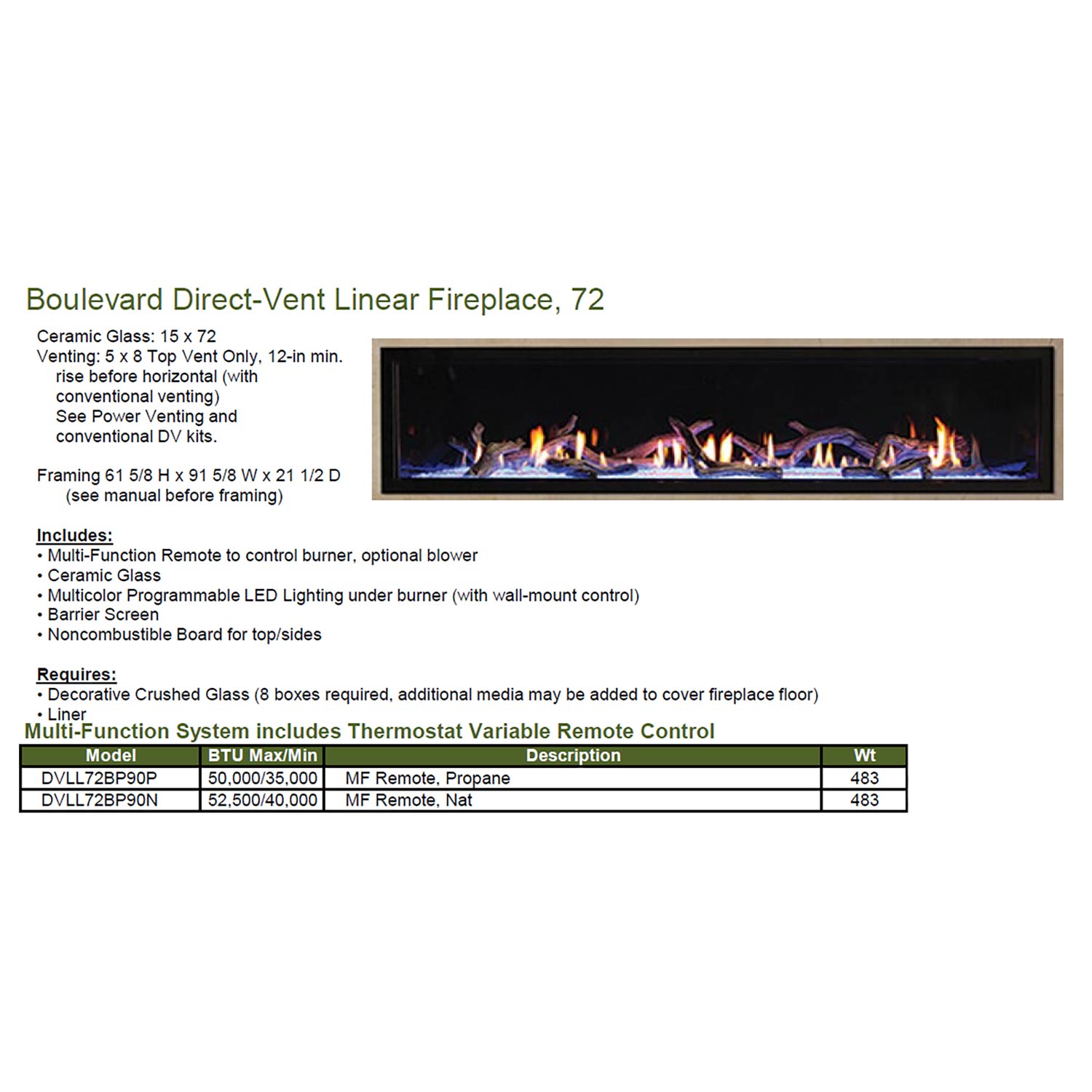 72-inch linear direct-vent fireplace with black trim and glowing flame view