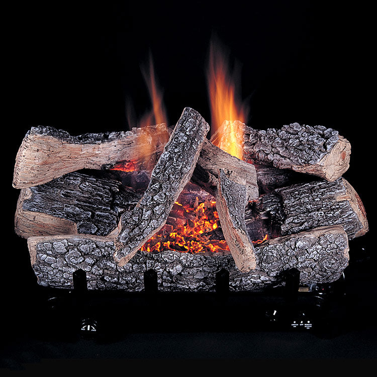 Ventless triple burner with glowing log fire and three flames