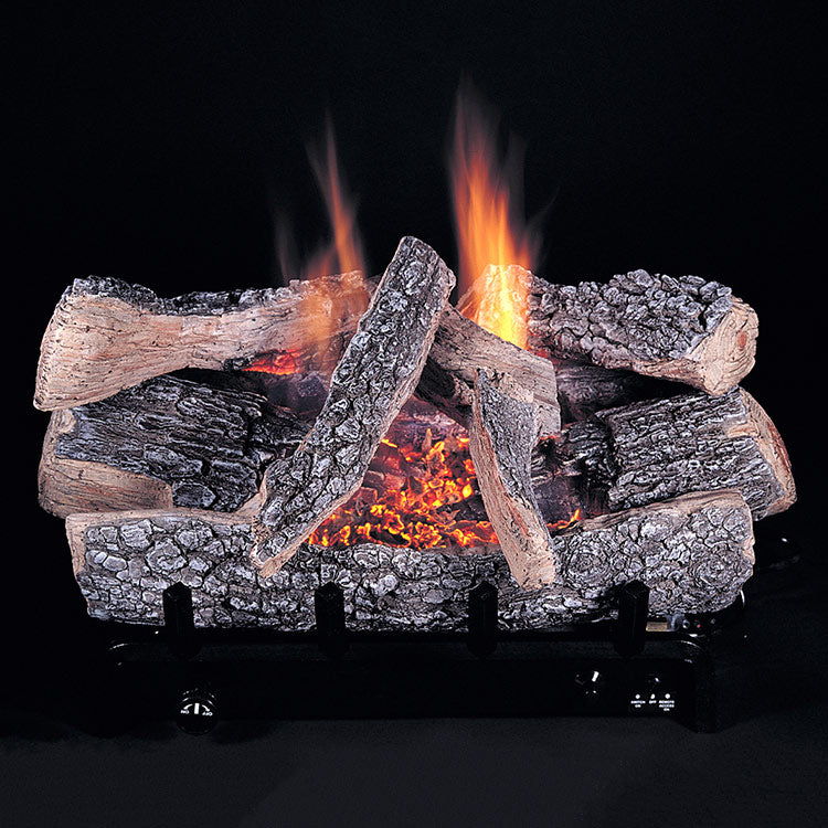 Ventless gas log set with three burning split logs and glowing embers