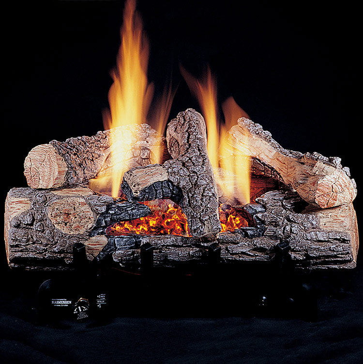 Ventless gas single-burner fireplace with glowing logs and open flames