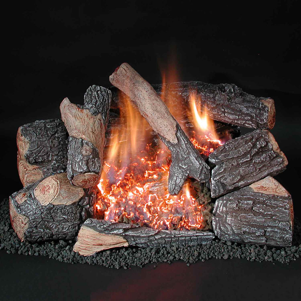 Ventless double gas burner with burning logs and glowing embers