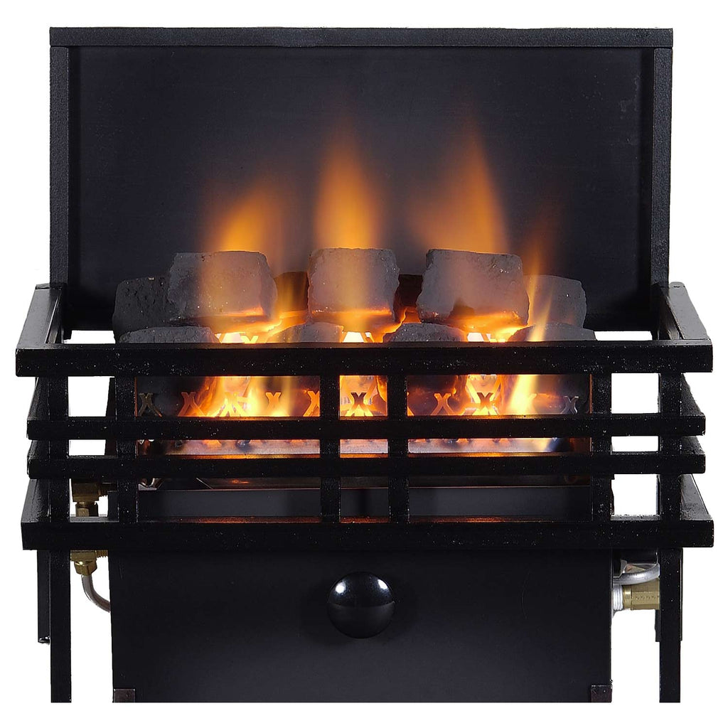 Black ventless gas fireplace heater with decorative firebed and bright orange flames