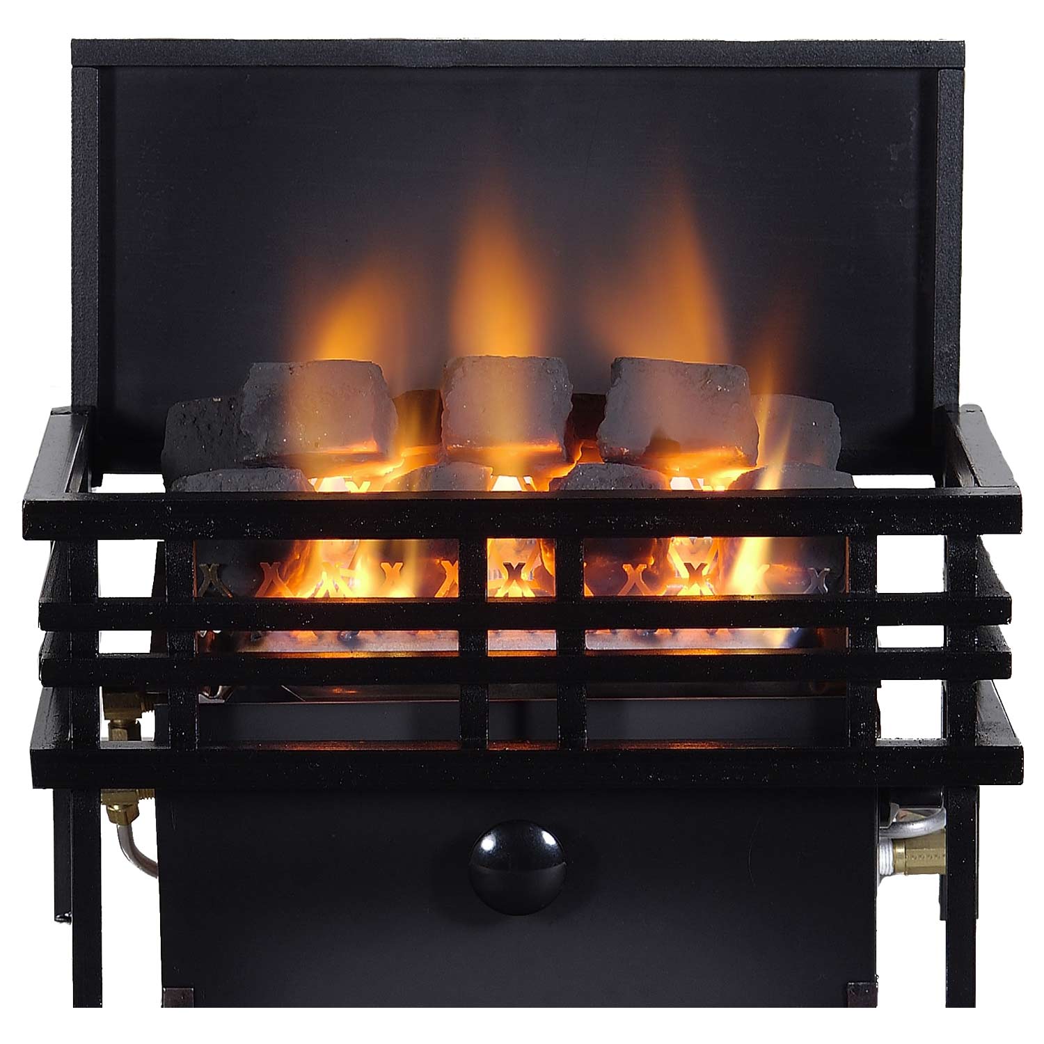 Black ventless gas fireplace heater with decorative firebed and bright orange flames