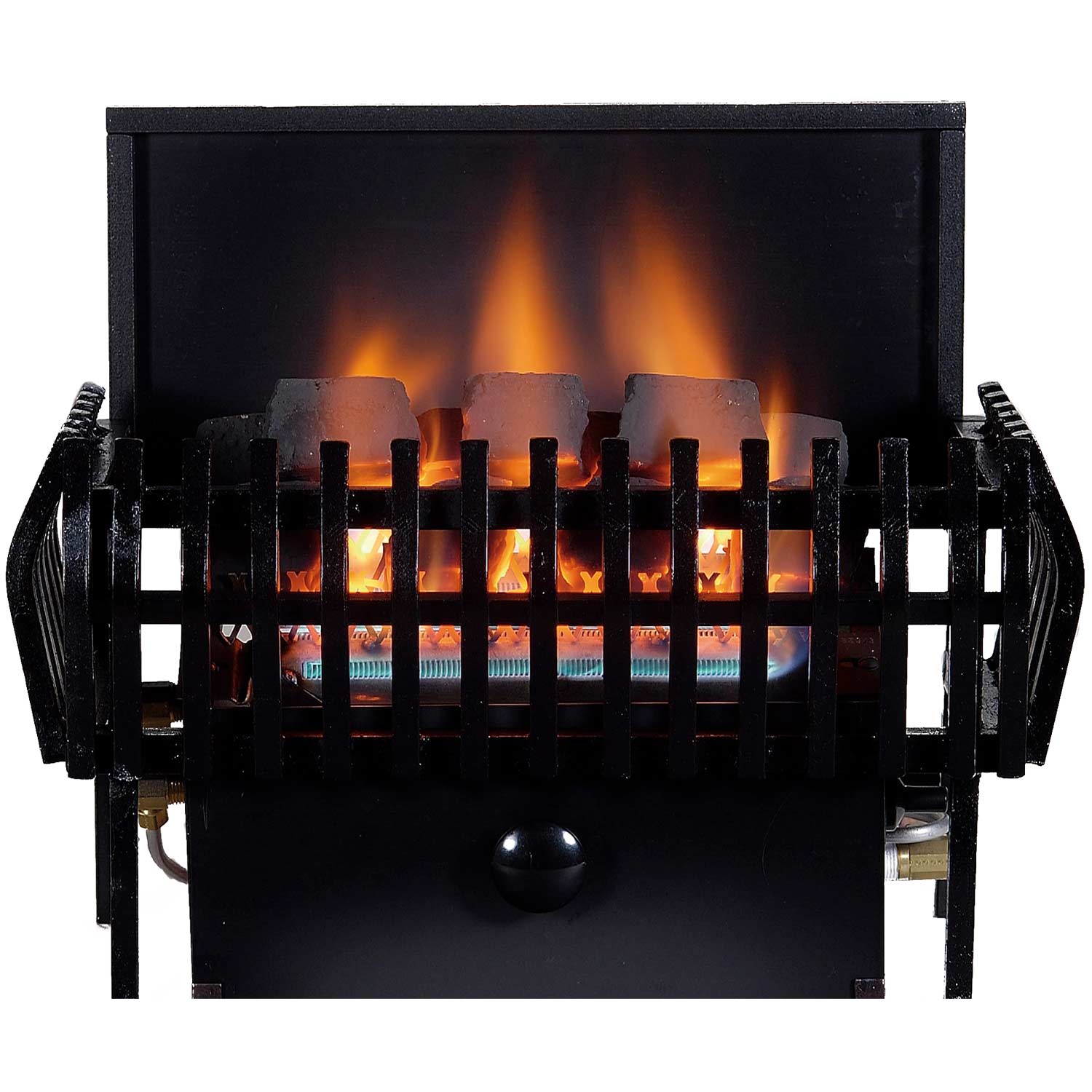Black ventless gas fireplace burner with glowing flames in log-style grate basket