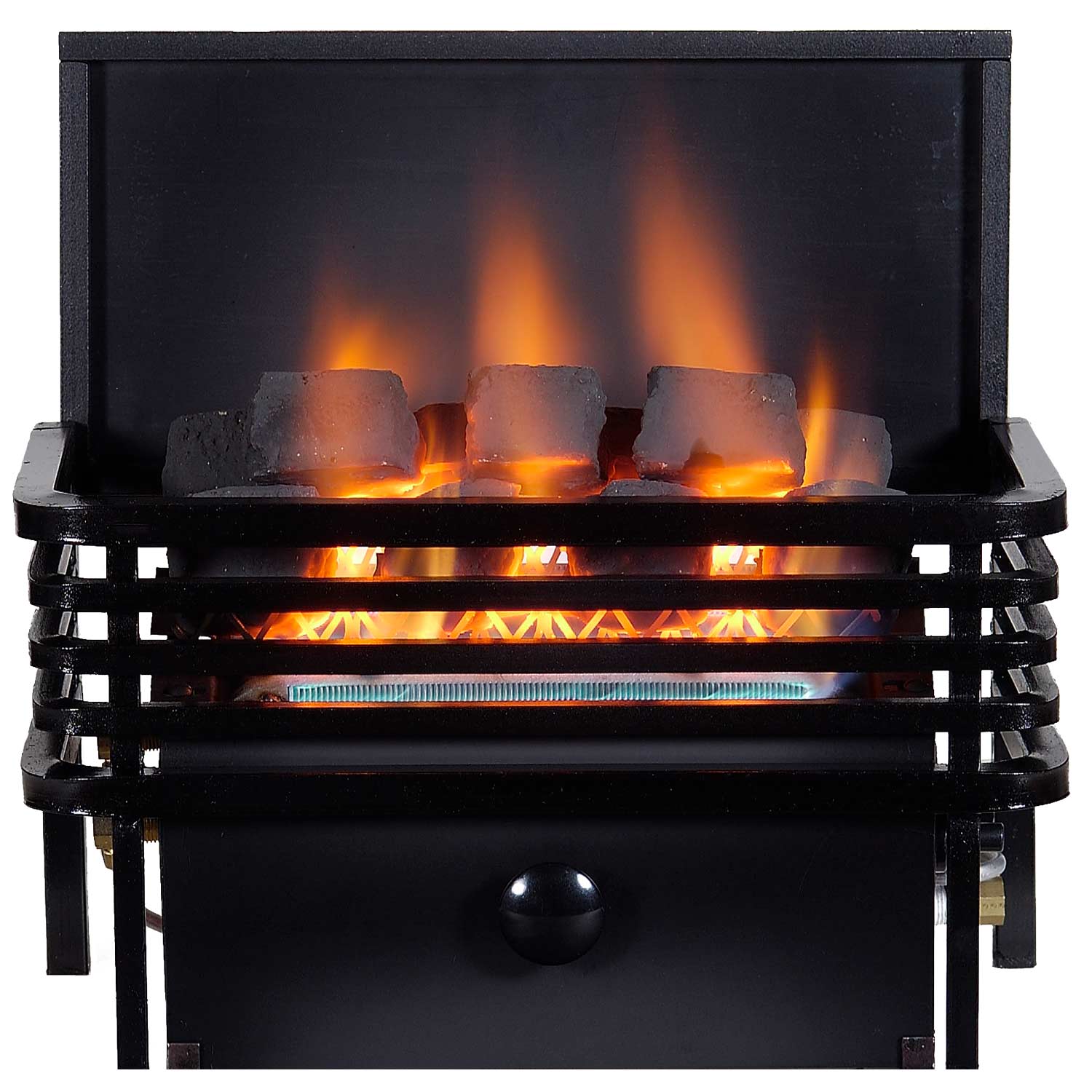 Small ventless fireplace heater with black metal firebox and visible gas flames through grate