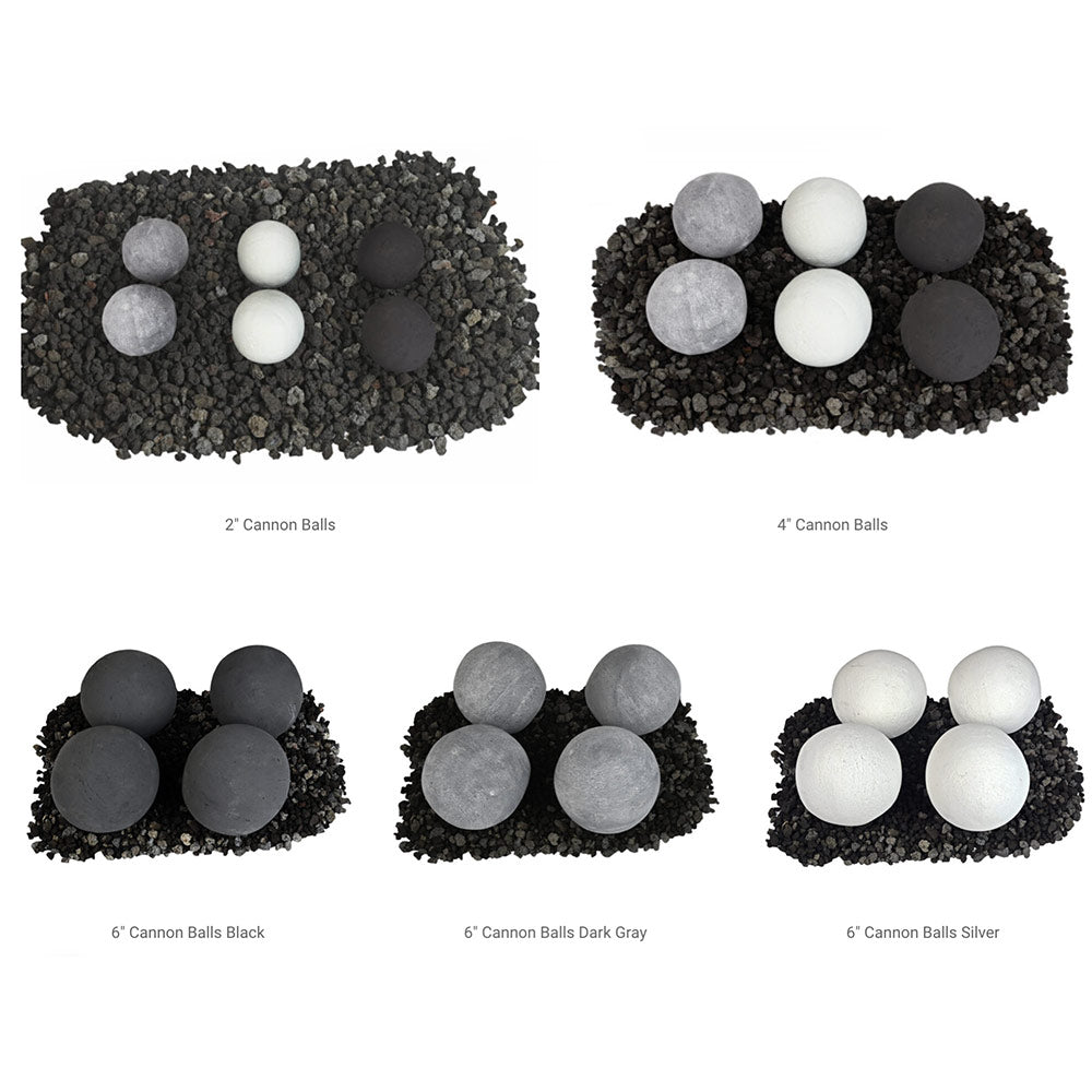 Assorted fireplace cannon balls in dark, gray, and white finishes