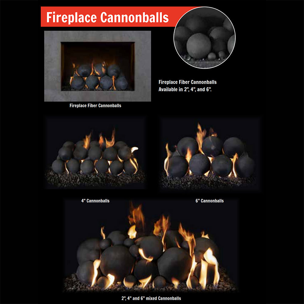 Fireplace cannonballs with matte round balls and visible flames