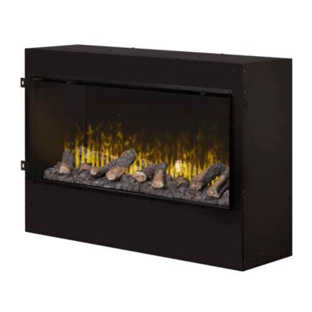 Black built-in electric firebox with RGB flame and glowing log-like media