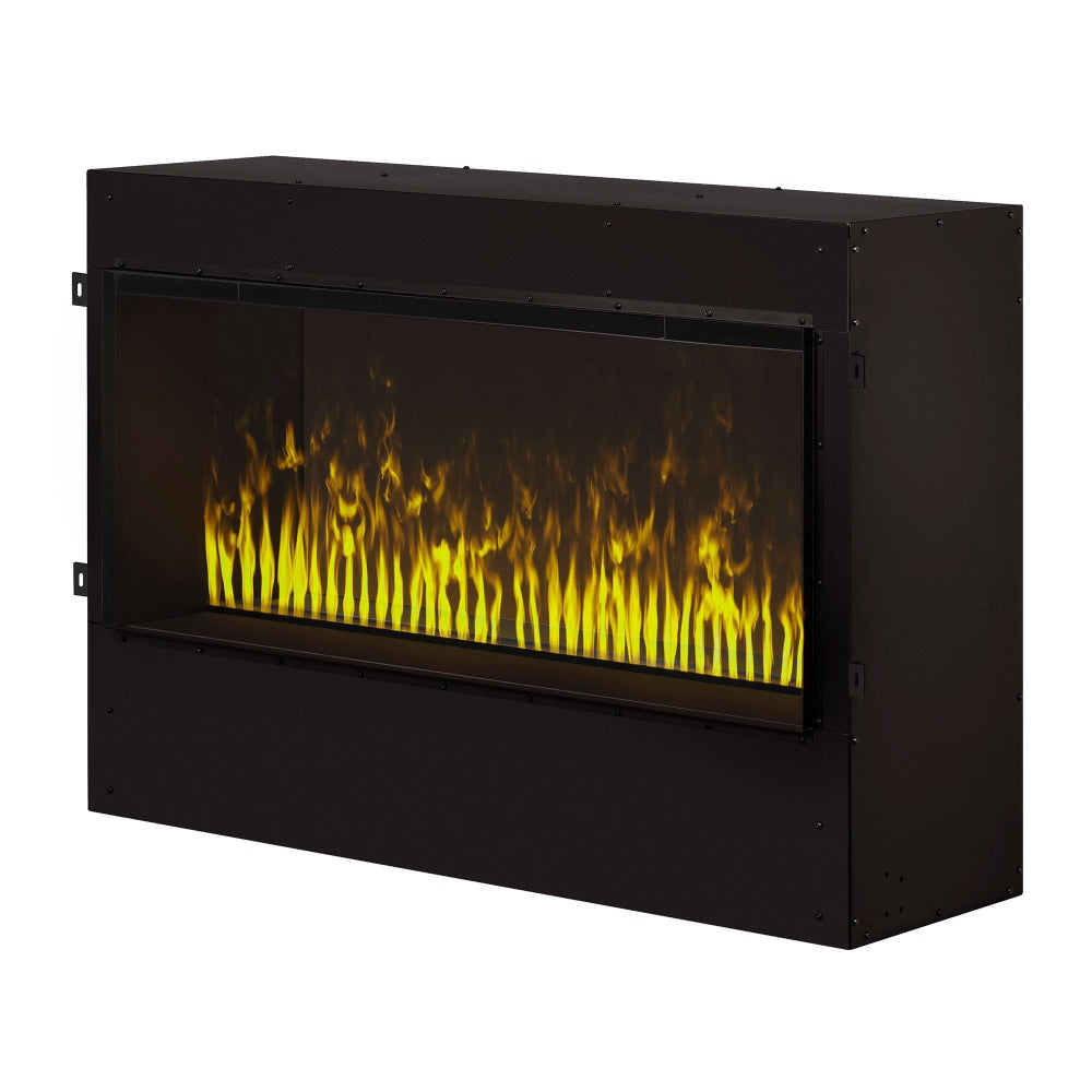 Black built-in electric firebox with bright yellow vertical flame effect