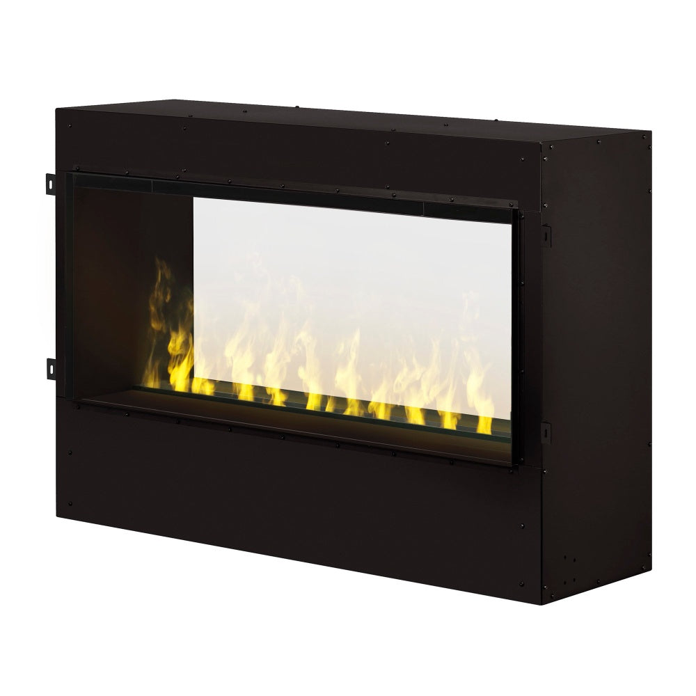 Black built-in electric firebox with white flame and misty glow