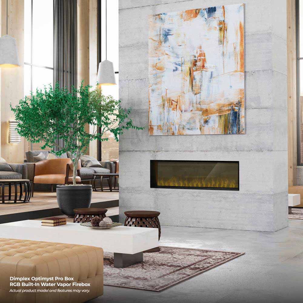 Black built-in water vapor firebox inset in wall with glowing yellow flames