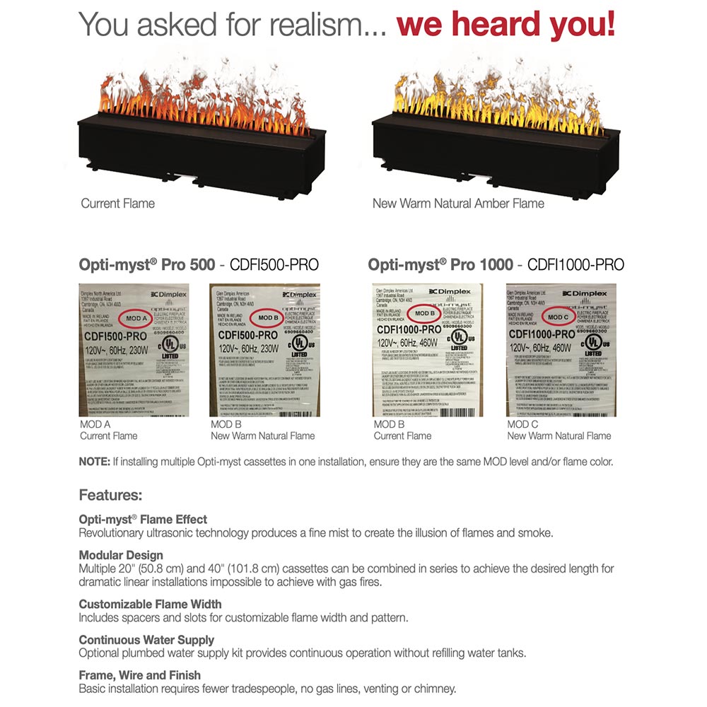 Electric fireplace comparison chart with two flame illustrations and feature specs