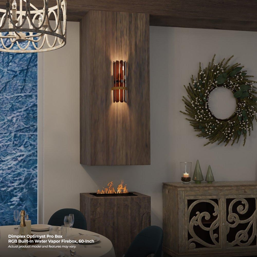 Built-in water vapor fireplace cassette with orange flame effect in wood wall surround