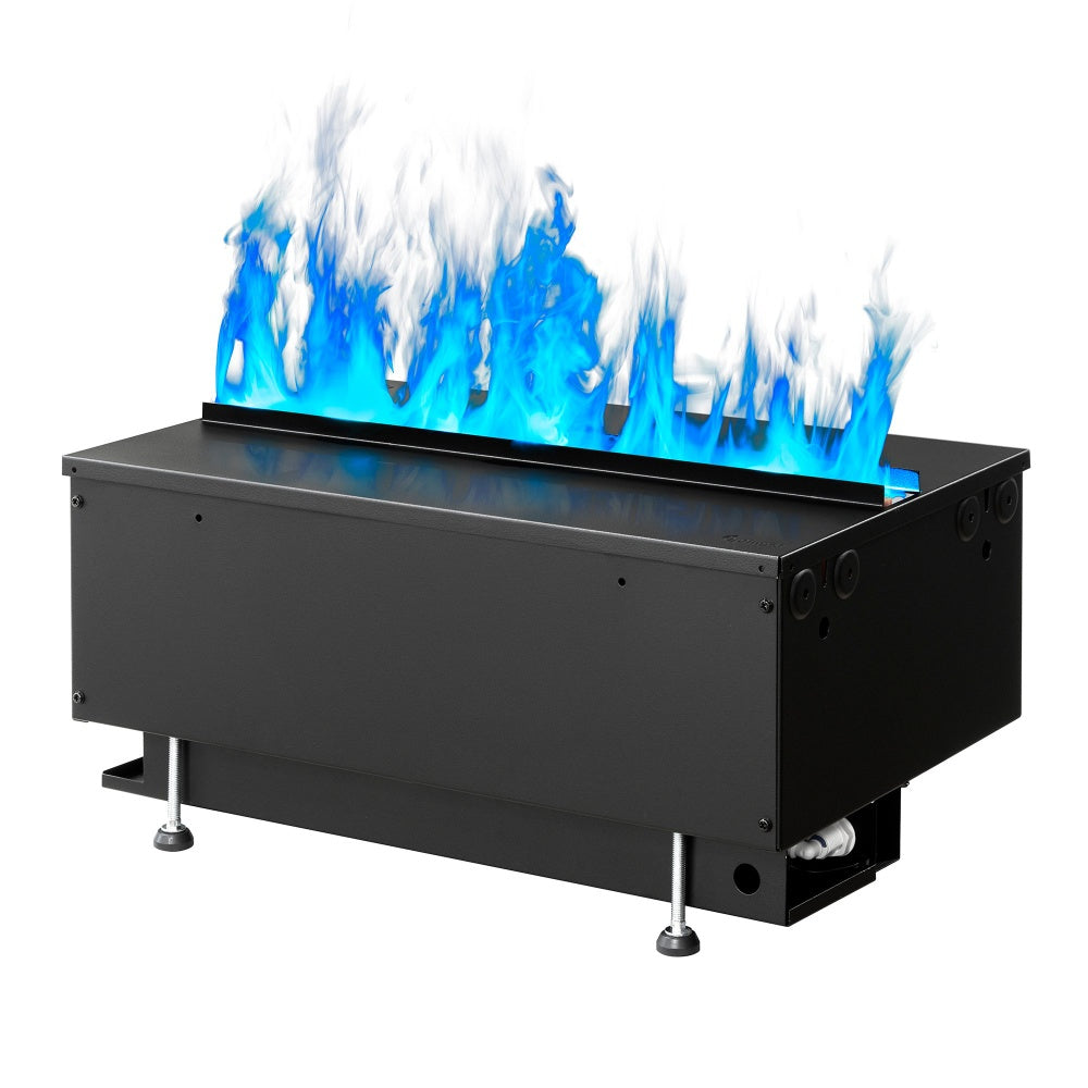 Black built-in water vapor fireplace cassette with vivid blue flame effect