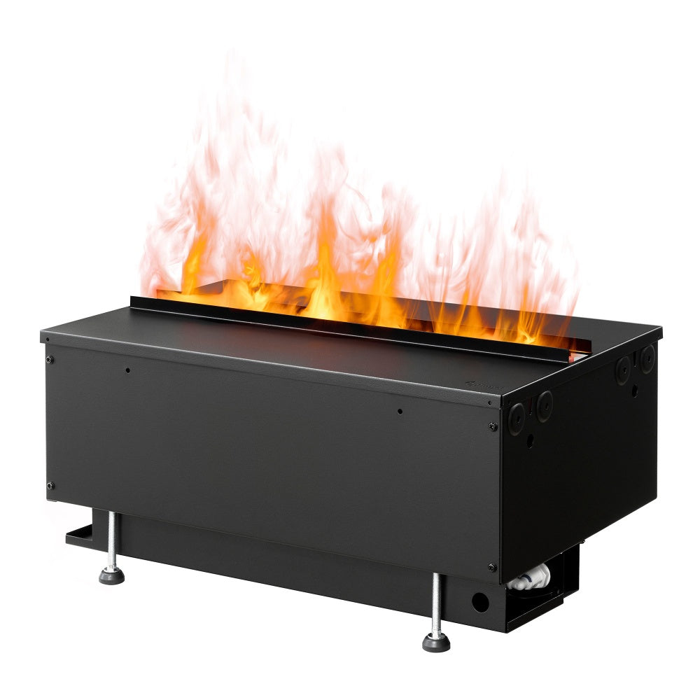Black built-in water vapor fireplace cassette with orange flame and vapor effect