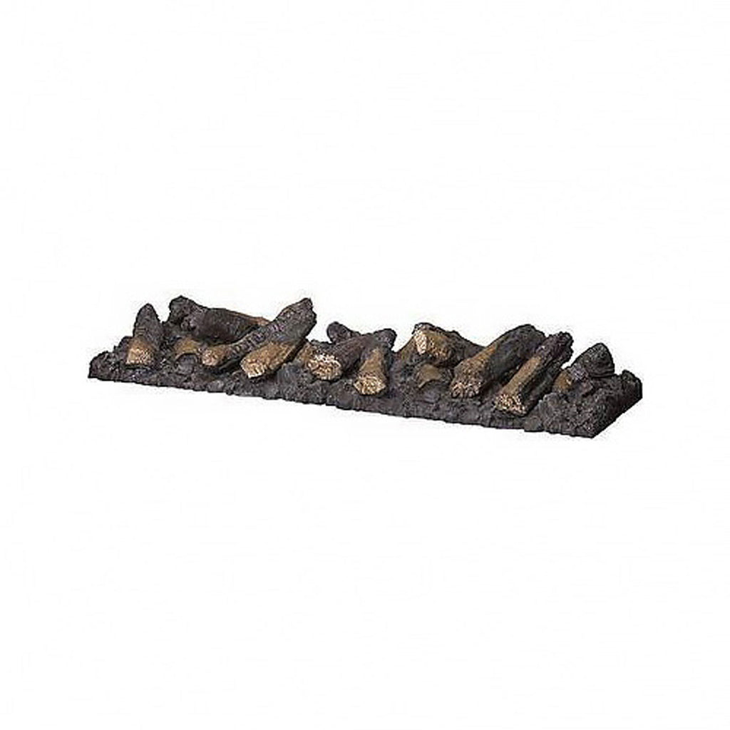 Artificial fireplace log set with dark brown faux logs on a base