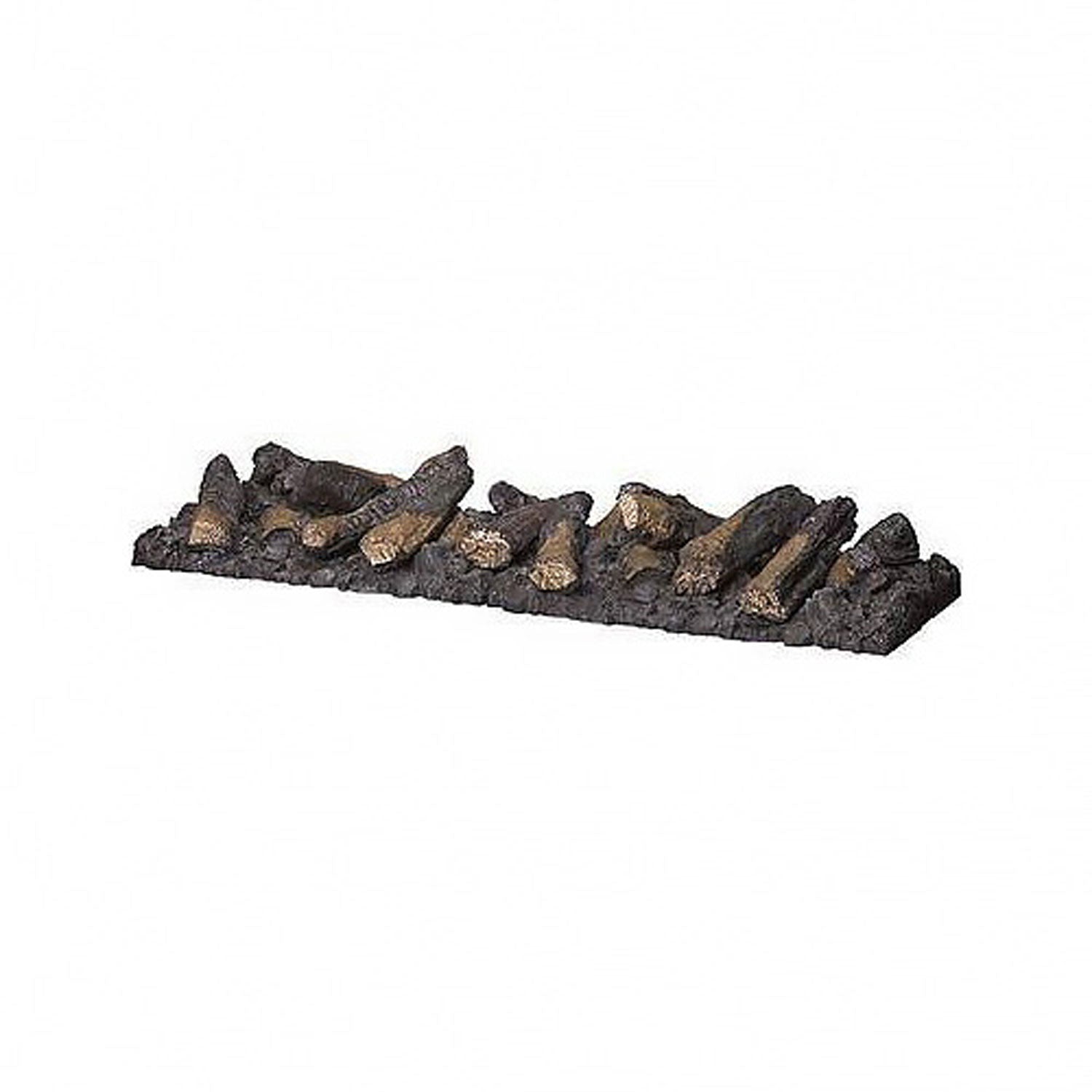 Artificial fireplace log set with dark brown faux logs on a base