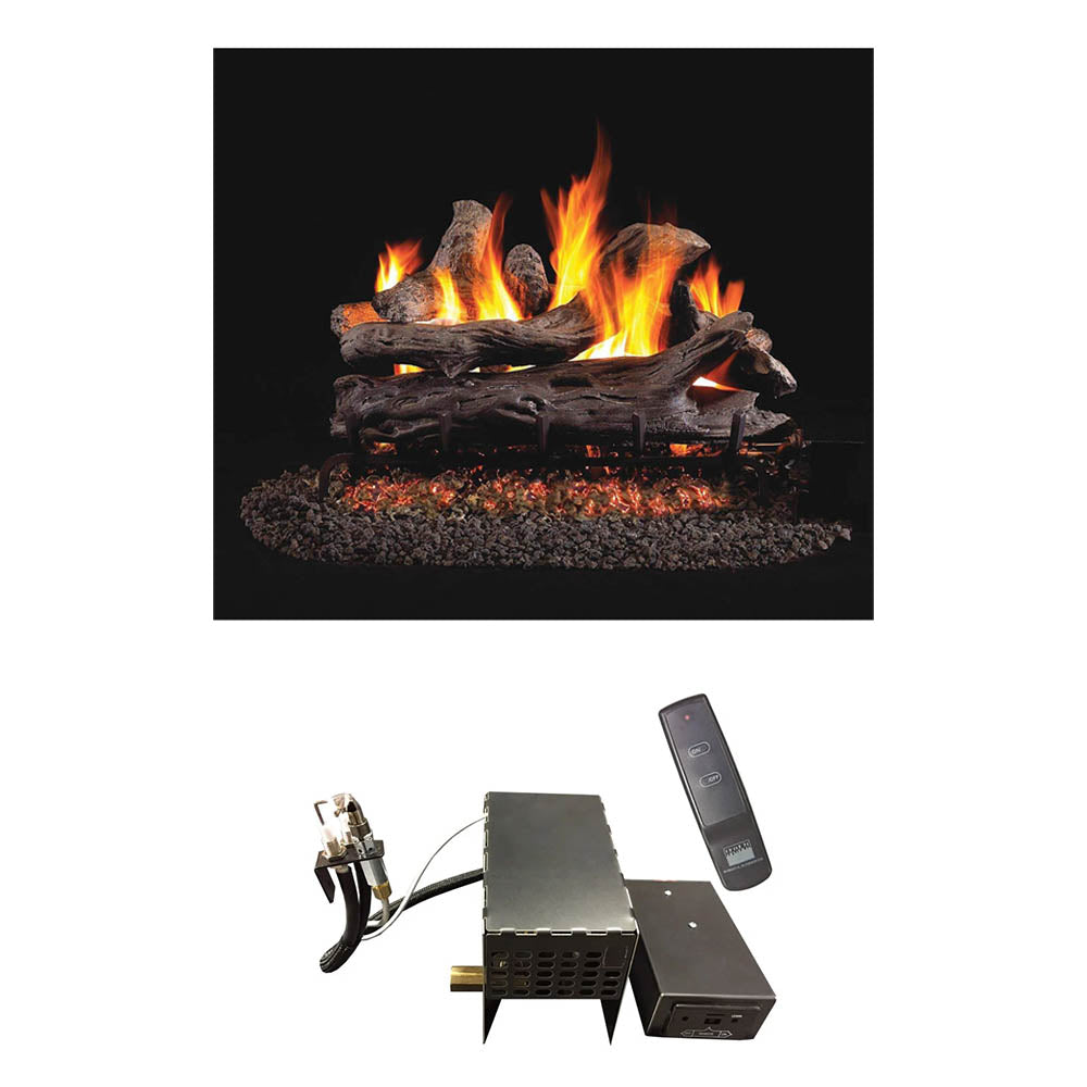 Vented gas log set with driftwood-style logs, flames, and remote control