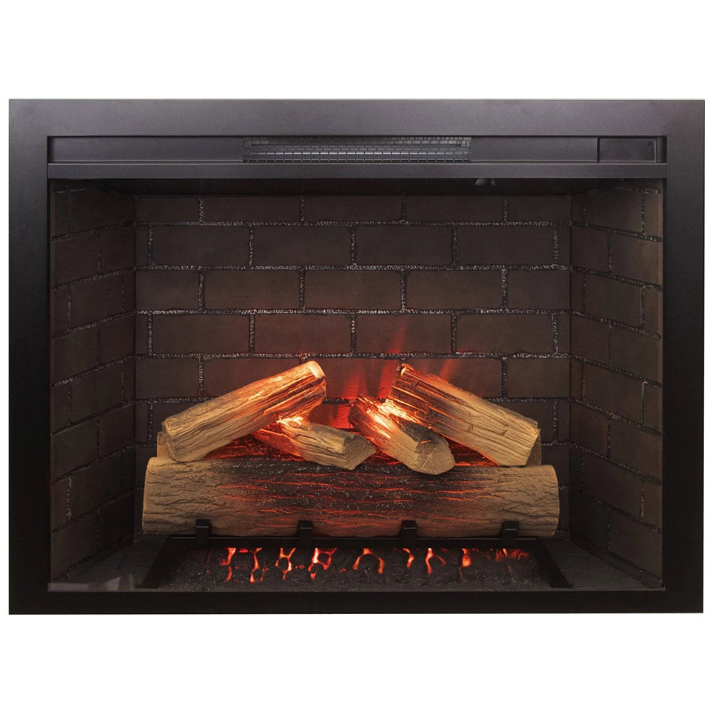 Built-in electric fireplace interior view with faux logs and ember-like burner glow