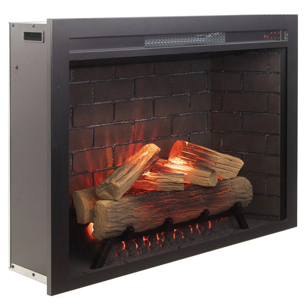 Dark built-in electric fireplace insert with faux wood logs and glowing red-orange flames