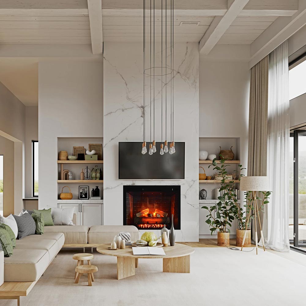 Built-in electric fireplace with black surround and glowing orange flame window