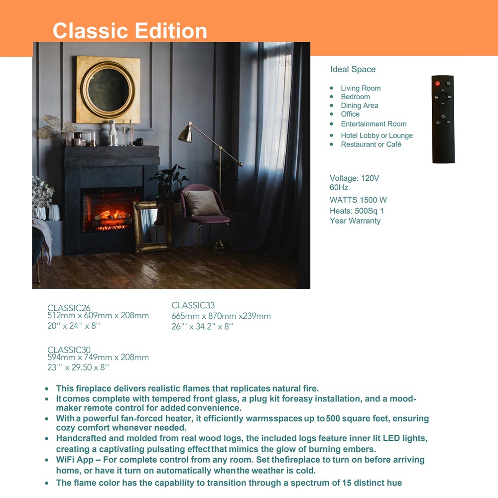 Electric fireplace brochure page showing Classic Edition and flame image with specs