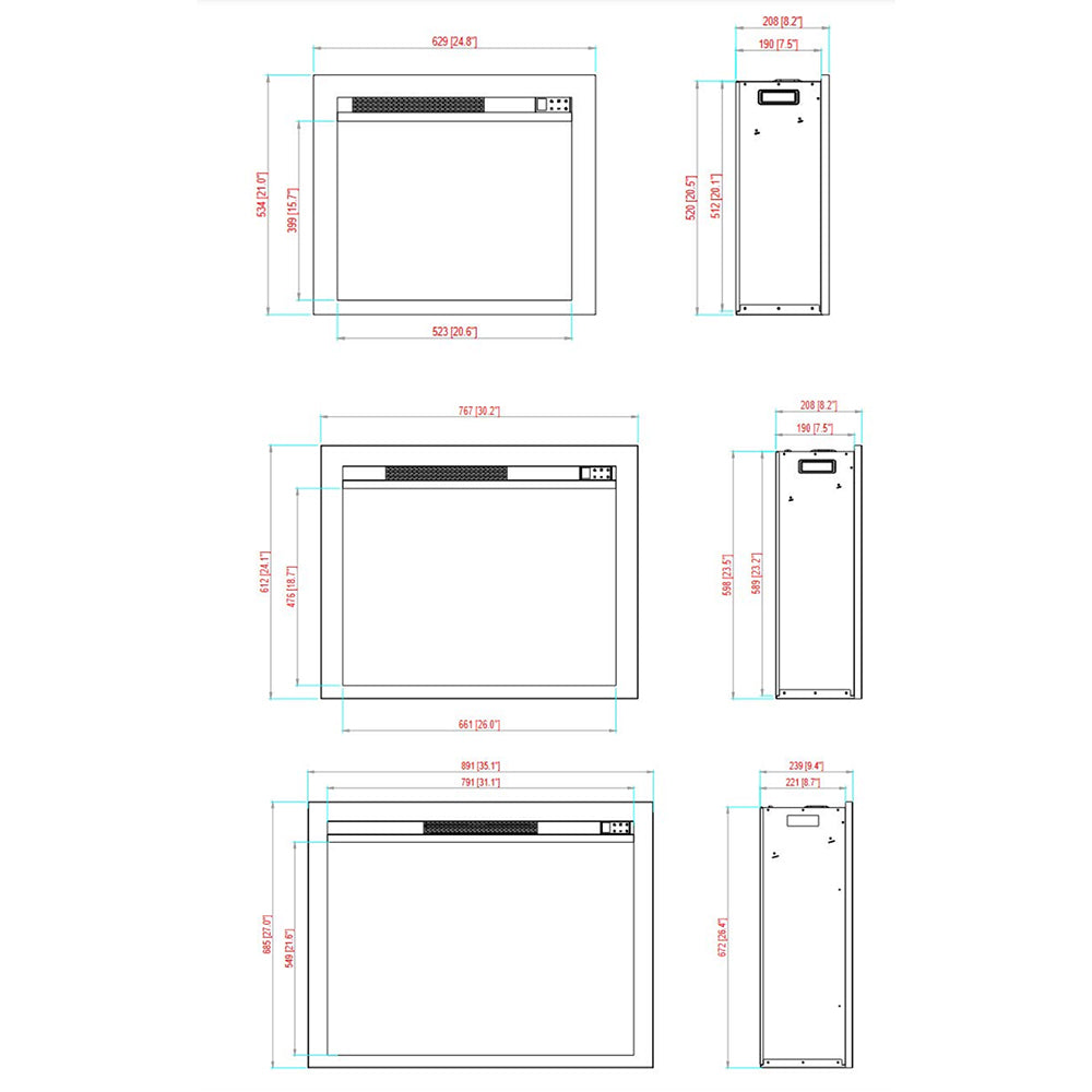 Electric fireplace technical layout diagram with exterior and cutaway dimensions