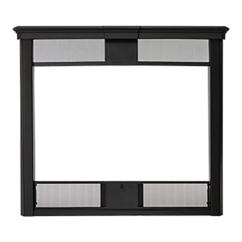 Black transitional fireplace front with rectangular frame and two gray glass panels