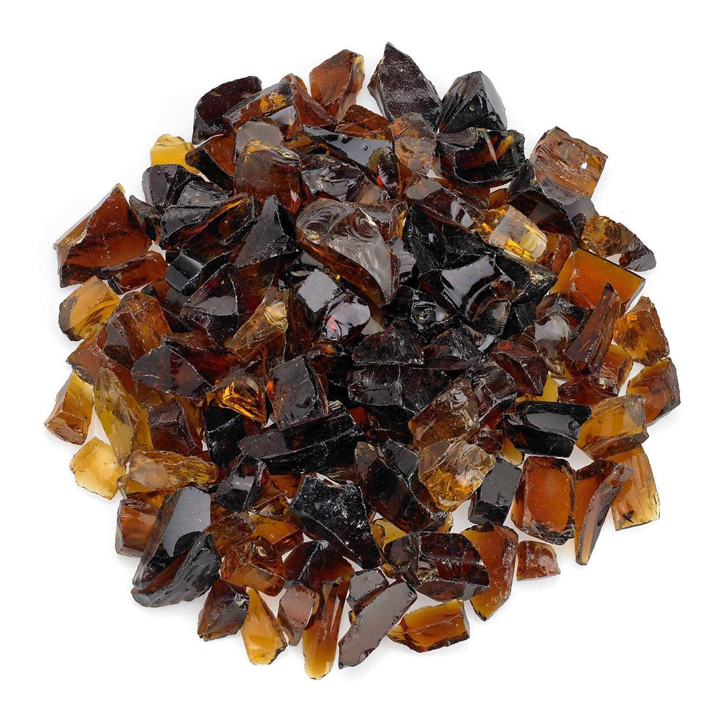 Auburn recycled fire pit glass chunks in dark red, amber, and black tones
