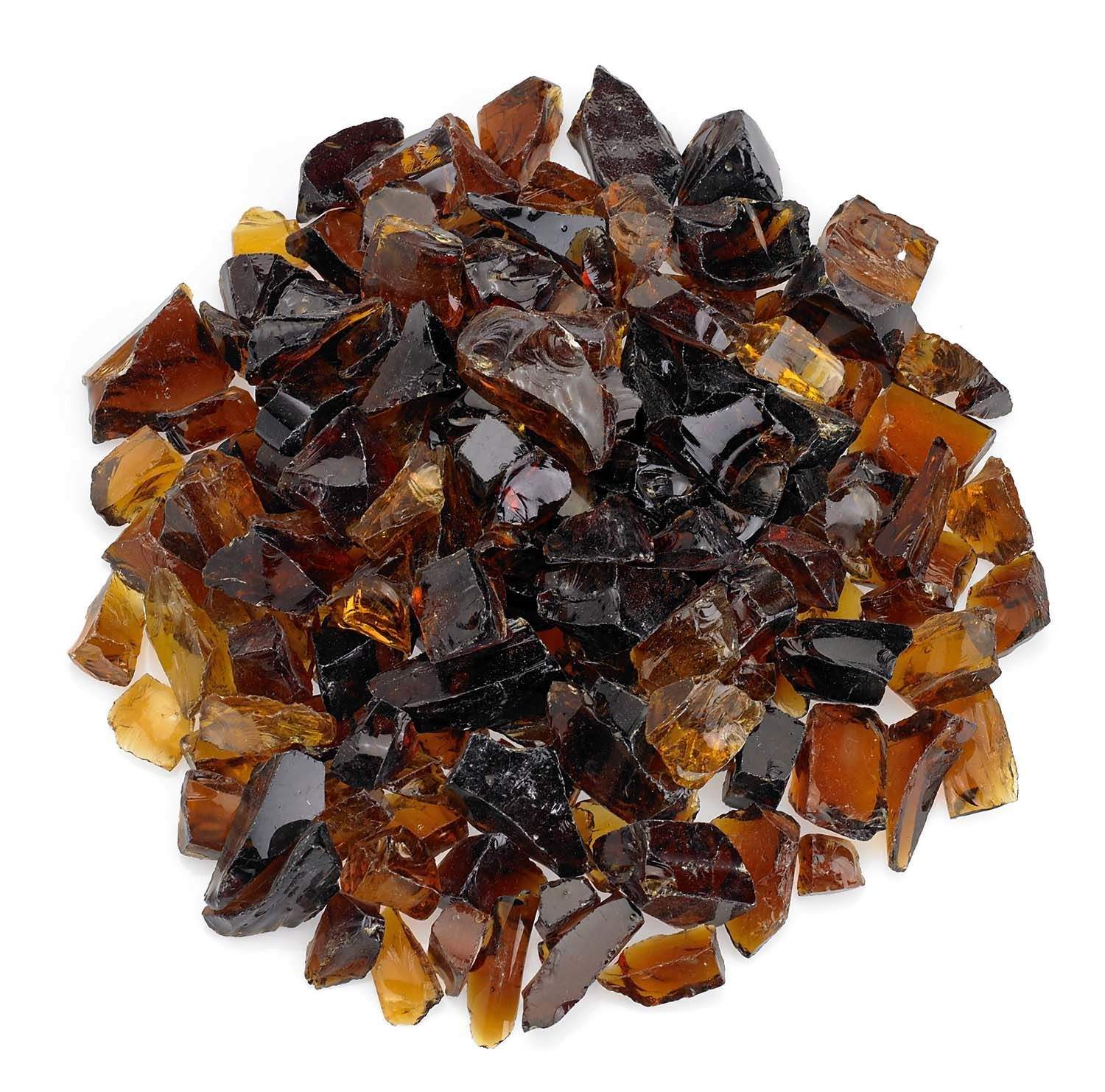 Auburn recycled fire pit glass chunks in dark red, amber, and black tones