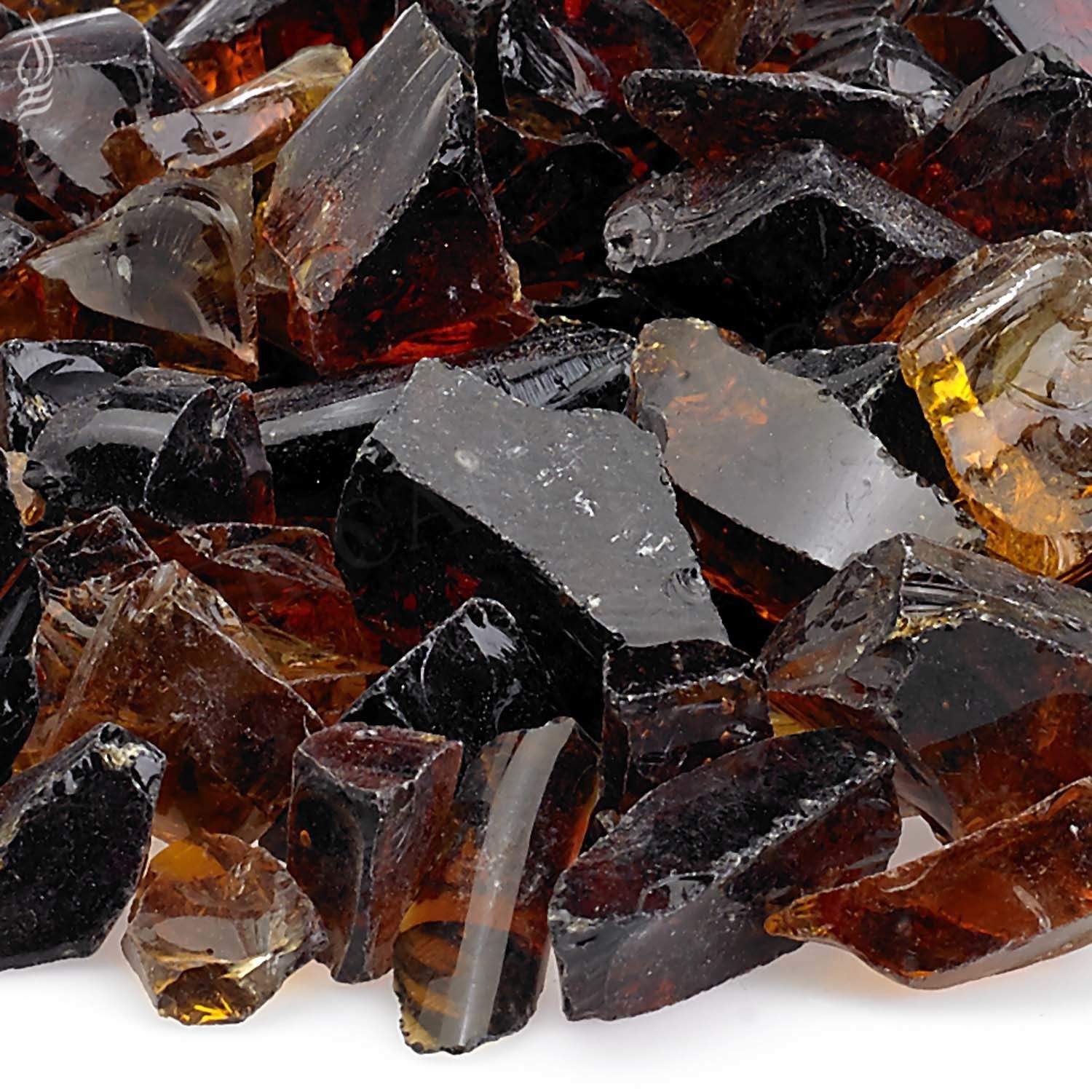 Recycled fire pit glass chunks close-up with dark red, black, and clear highlights