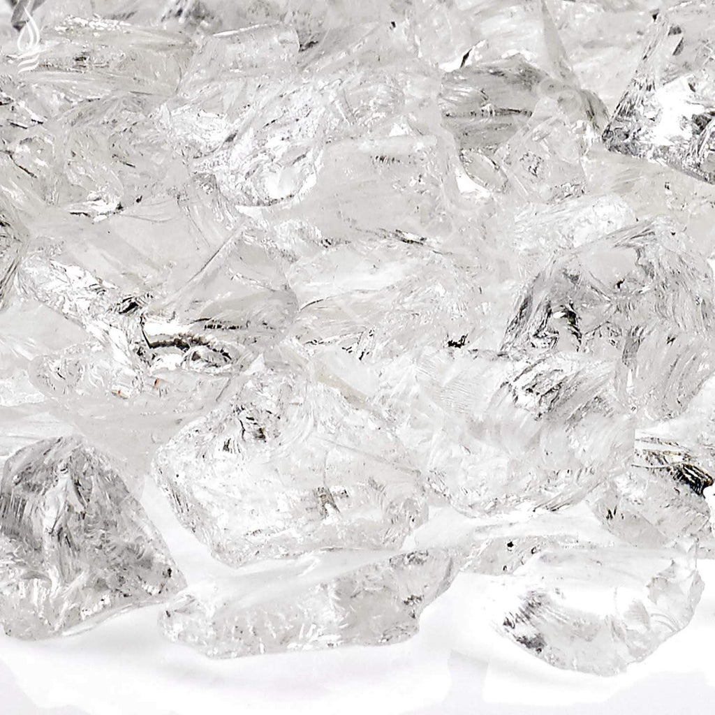 Close-up of clear ice fire glass fragments with shiny facets