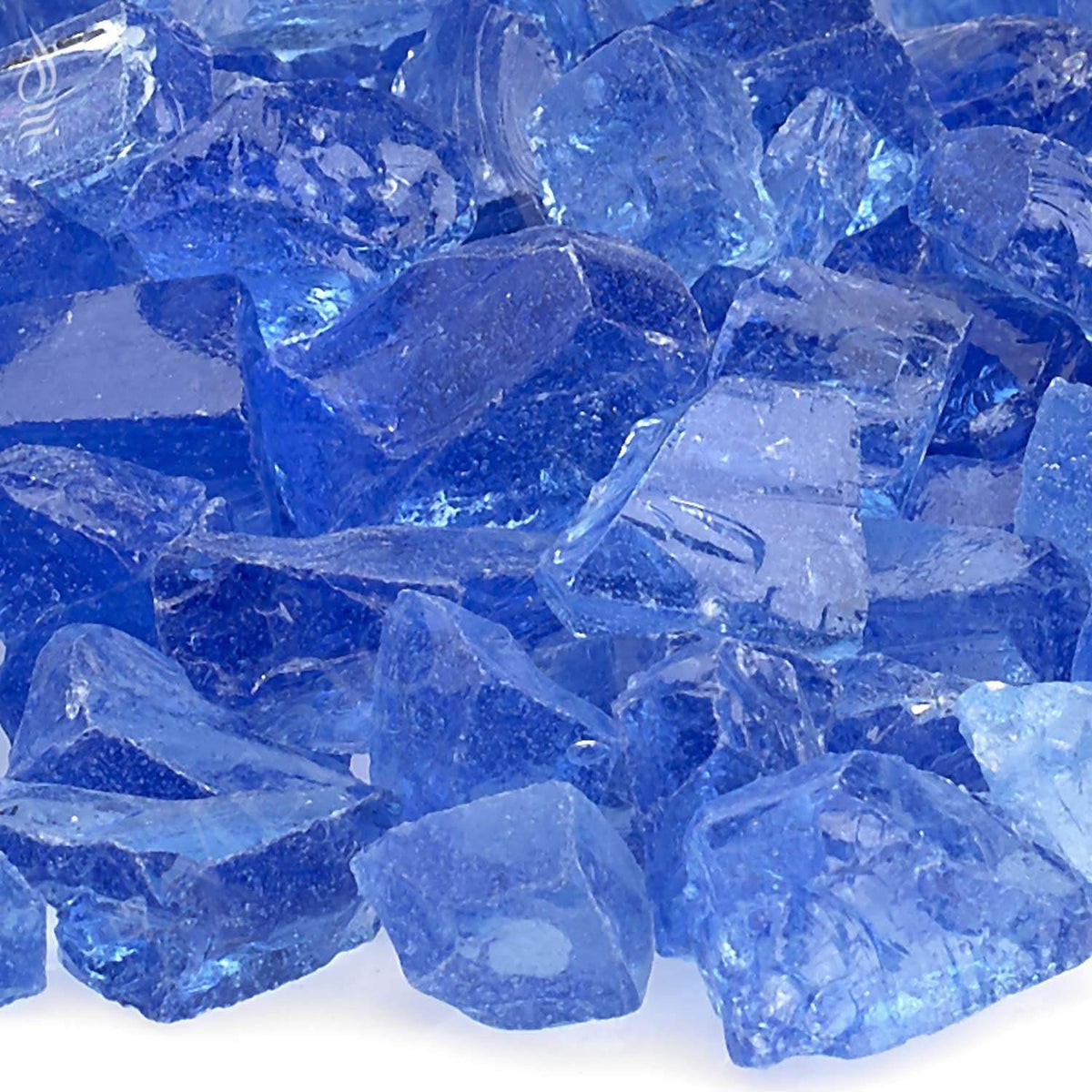 Light blue recycled fire glass pieces, translucent angular chunks close-up