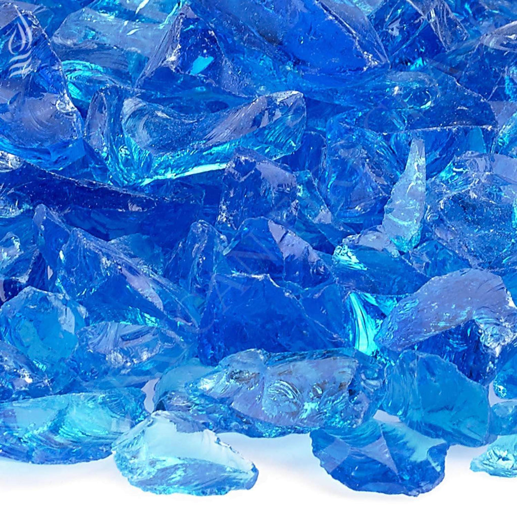 Close-up of turquoise recycled fire glass chunks with faceted, shiny pieces