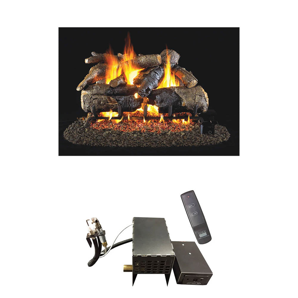 Charred oak vented gas log set with burning flames, burner base and remote control