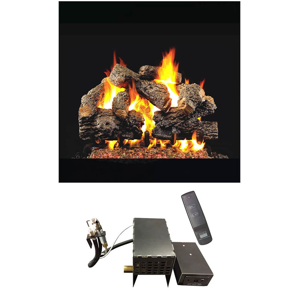 Charred oak vented gas log set with burning flames, burner base, and remote control
