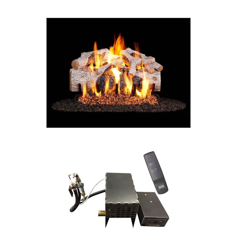 Vented gas log set with charred birch logs, black burner box, and remote control.