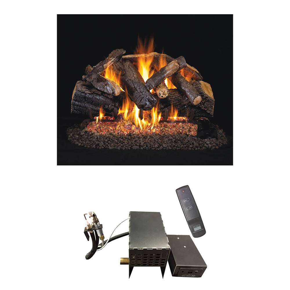 Charred oak vented gas log set with flames, burner unit, and handheld remote control