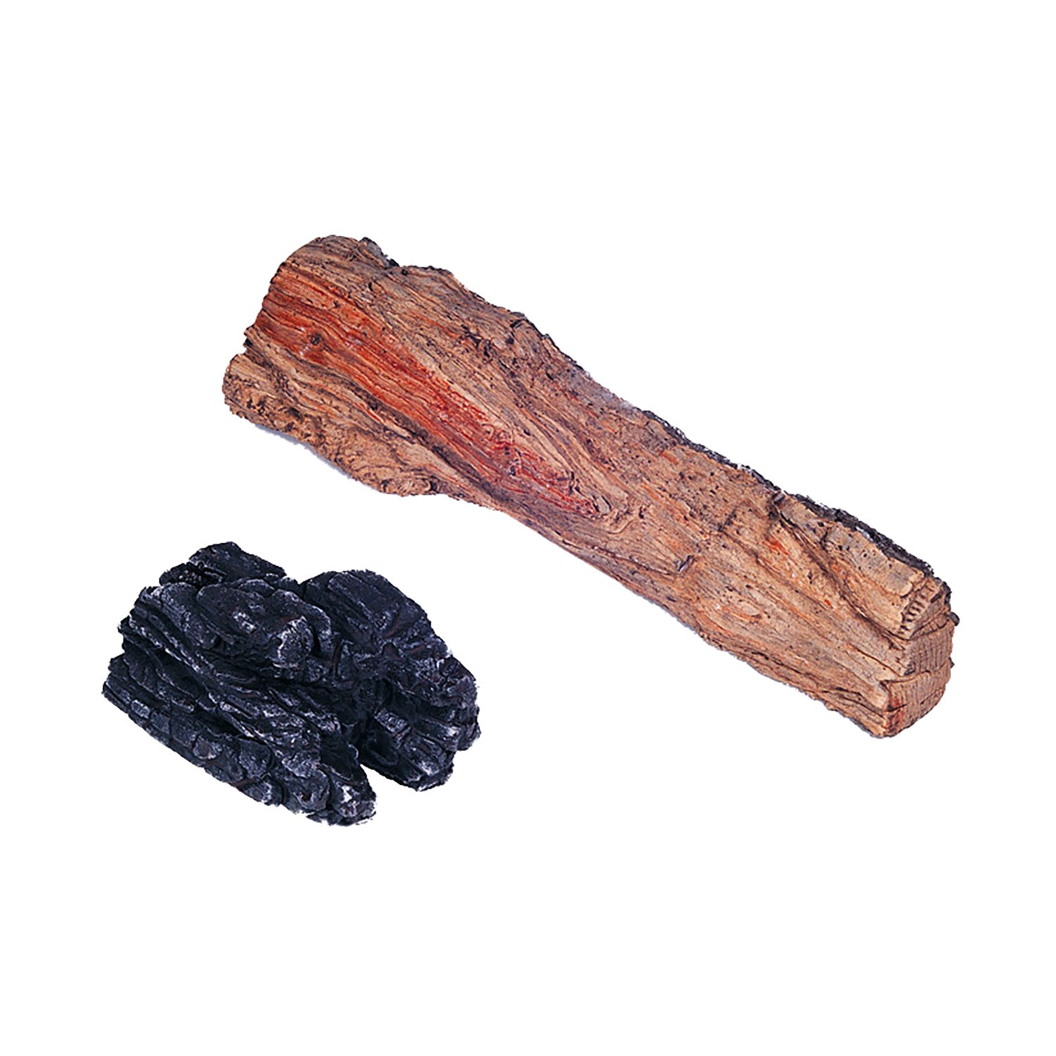 Charred wood chunks: one long reddish-brown log and a small dark purple/black piece.