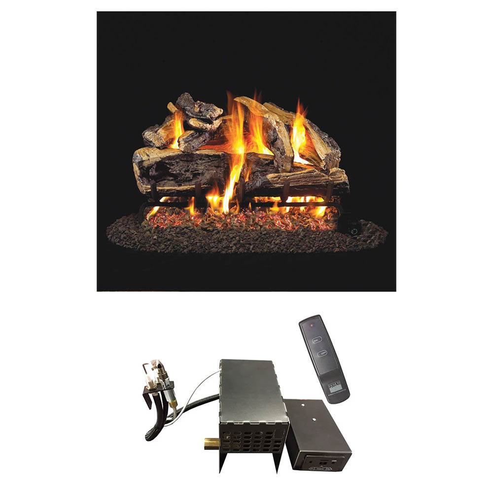 Charred split oak vented gas log set with burning flames, embers, and remote control.