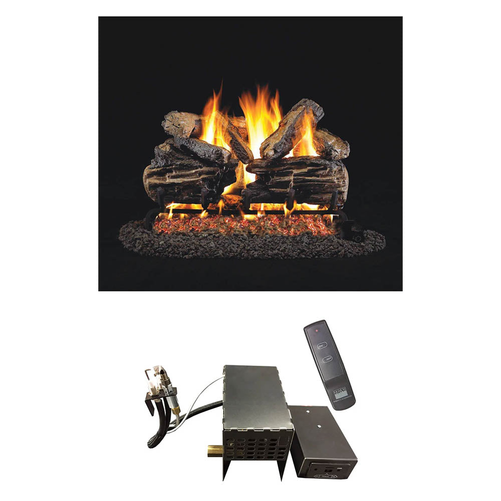 Real Fyre vented gas log set with charred split oak logs, burner box, and remote