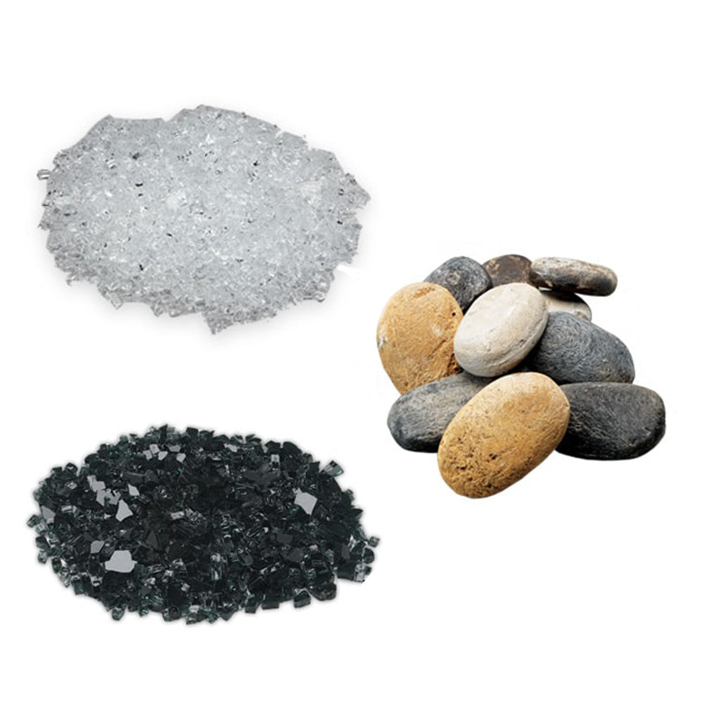 Conversion media kit with mixed stones, crushed gray glass, and dark gravel