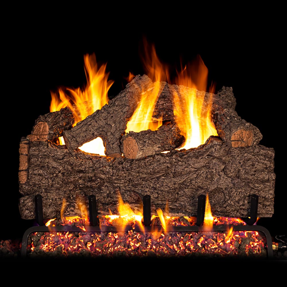 Vented gas log set with chestnut oak logs, glowing embers and active flames
