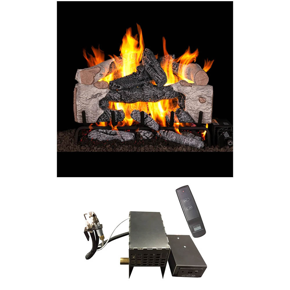 Real Fyre charred cinder birch vented gas log set with burning flames and remote control