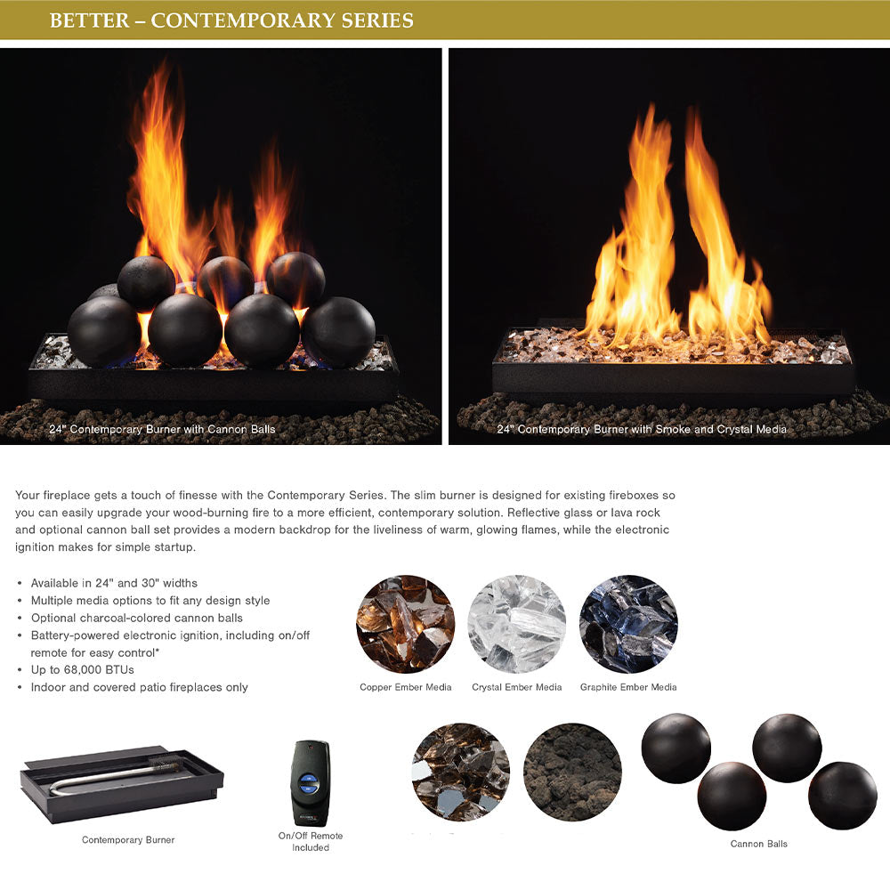 Contemporary gas burner marketing panel with flames and ember media circles
