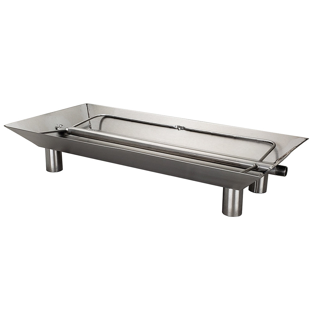 Stainless steel vented burner tray with adjustable legs and fire-box ports