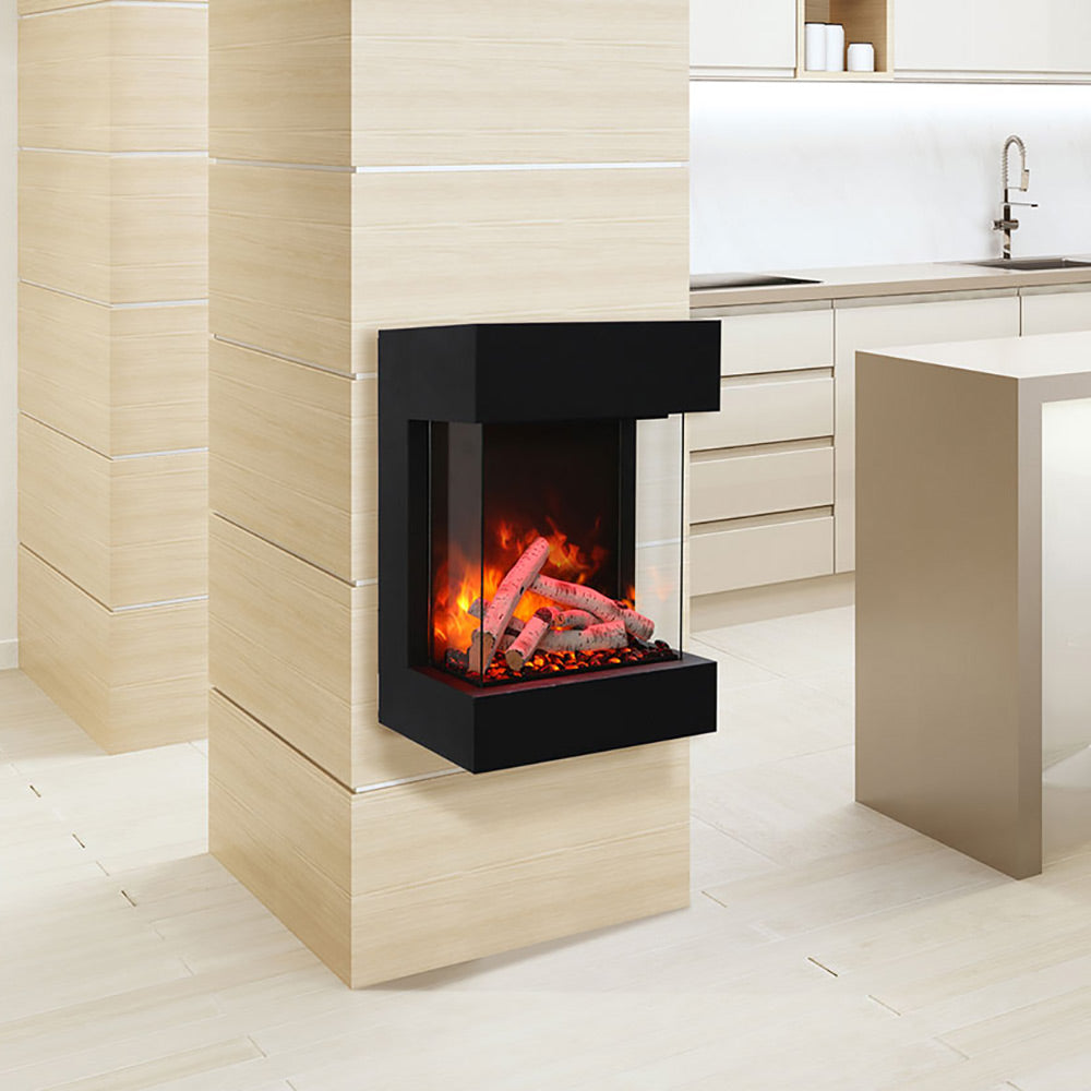 Black 3-sided wall-mounted electric fireplace in built-in niche, ember flame visible