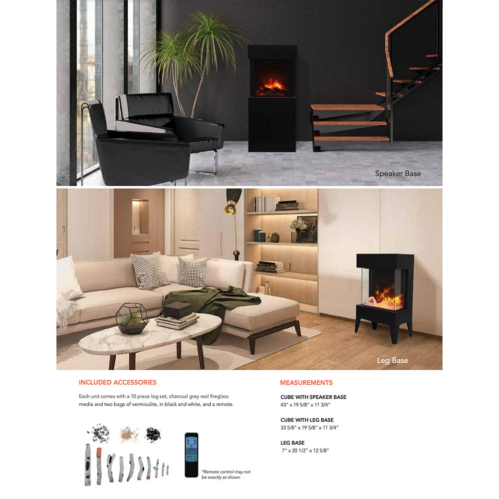 3-sided smart electric fireplace with speaker-style base, black cube, visible flames