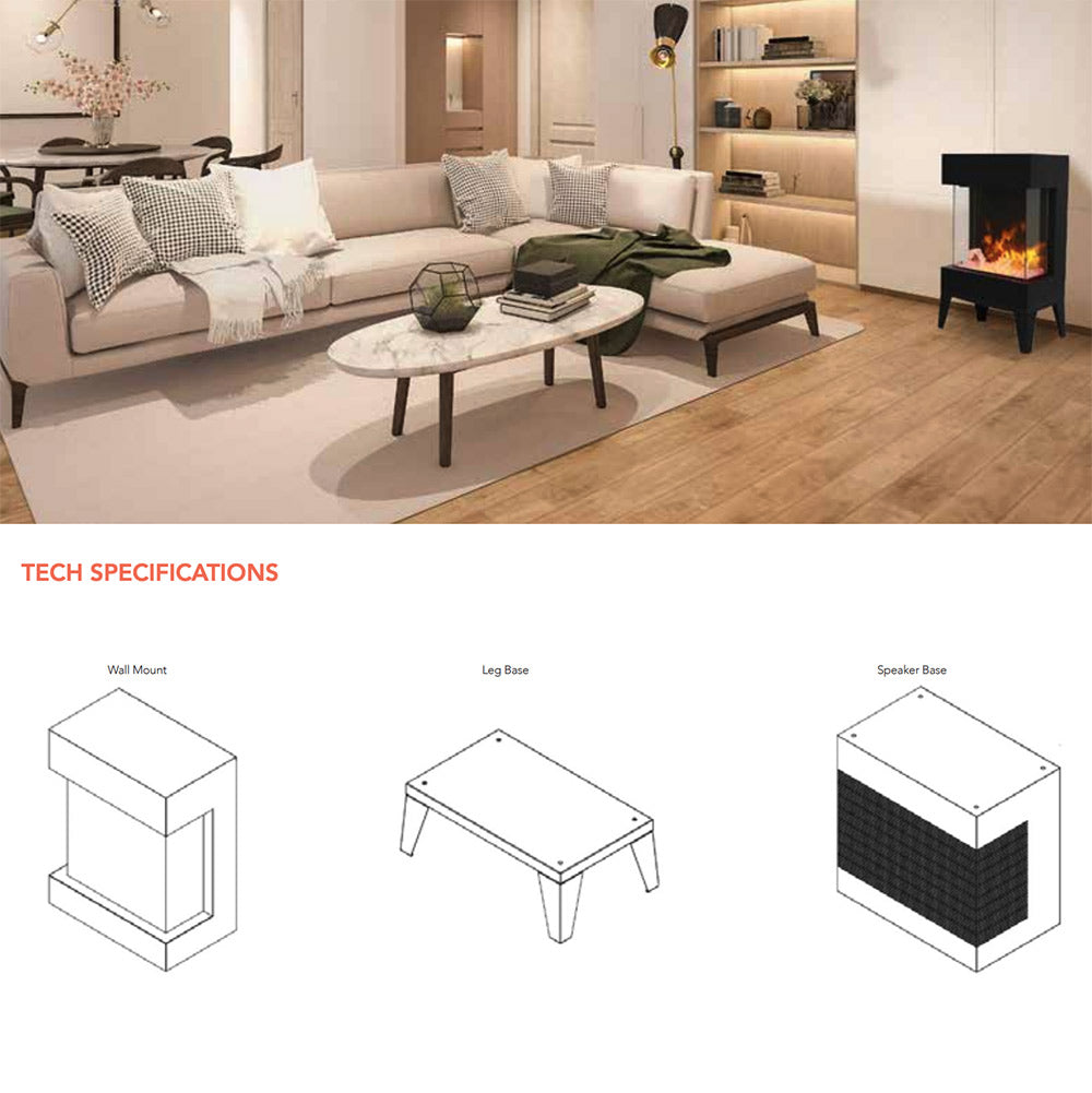 Black 3-sided electric fireplace on short legs, compact cube with glowing flames