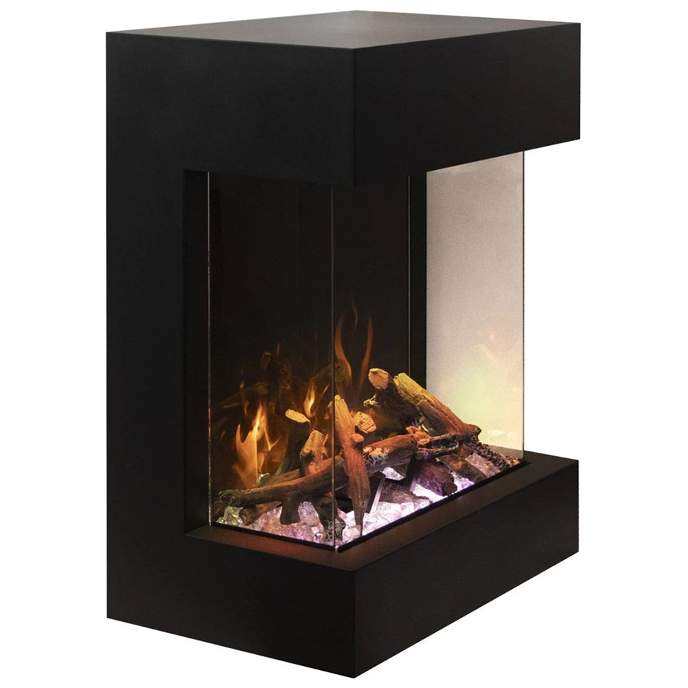 Three-sided cube electric fireplace with black finish and visible flames